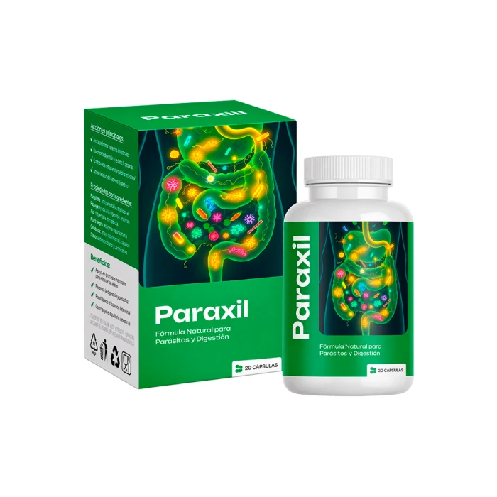 Paraxil — frasco y caja de cápsulas, fórmula natural para parásitos y digestión
